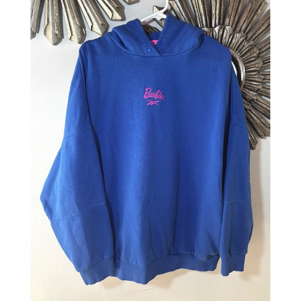 Reebok x Barbie Womens Oversized Hoodie Blue Pink Logo Pullover Sweatshirt‎ XXL